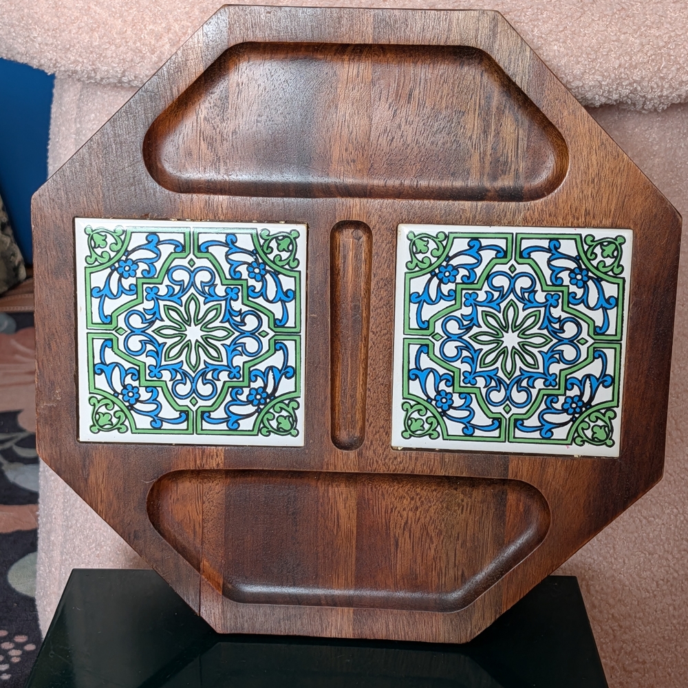 MCM Wooden Serving Tray with Tile Inlay